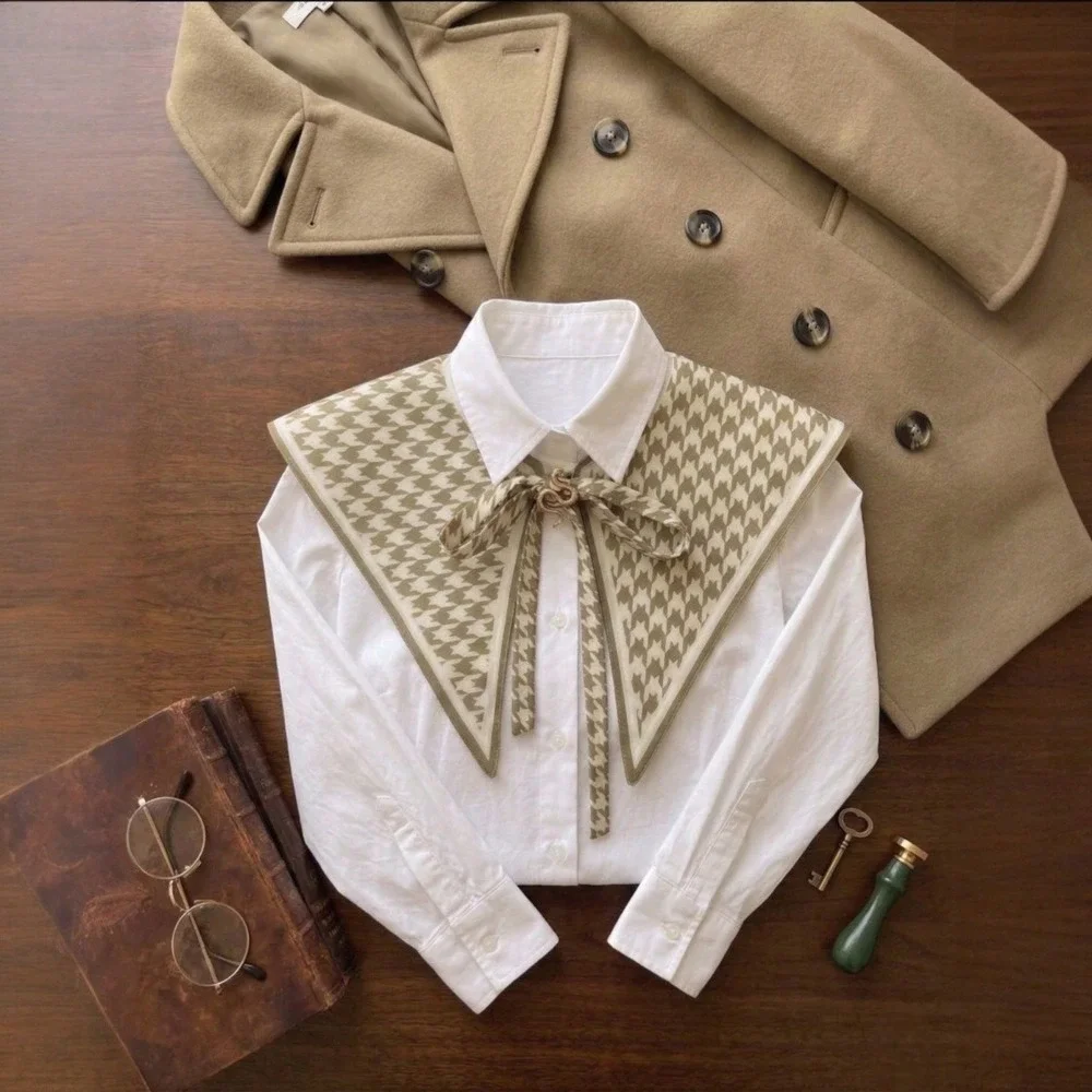 Old Money Art Print Sailor Bib Green Houndstooth Collar Neck Scarf Academia